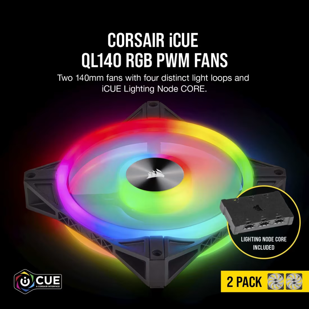 CORSAIR iCUE QL140 RGB 140mm PWM Dual Fan Kit with Lighting Node CORE