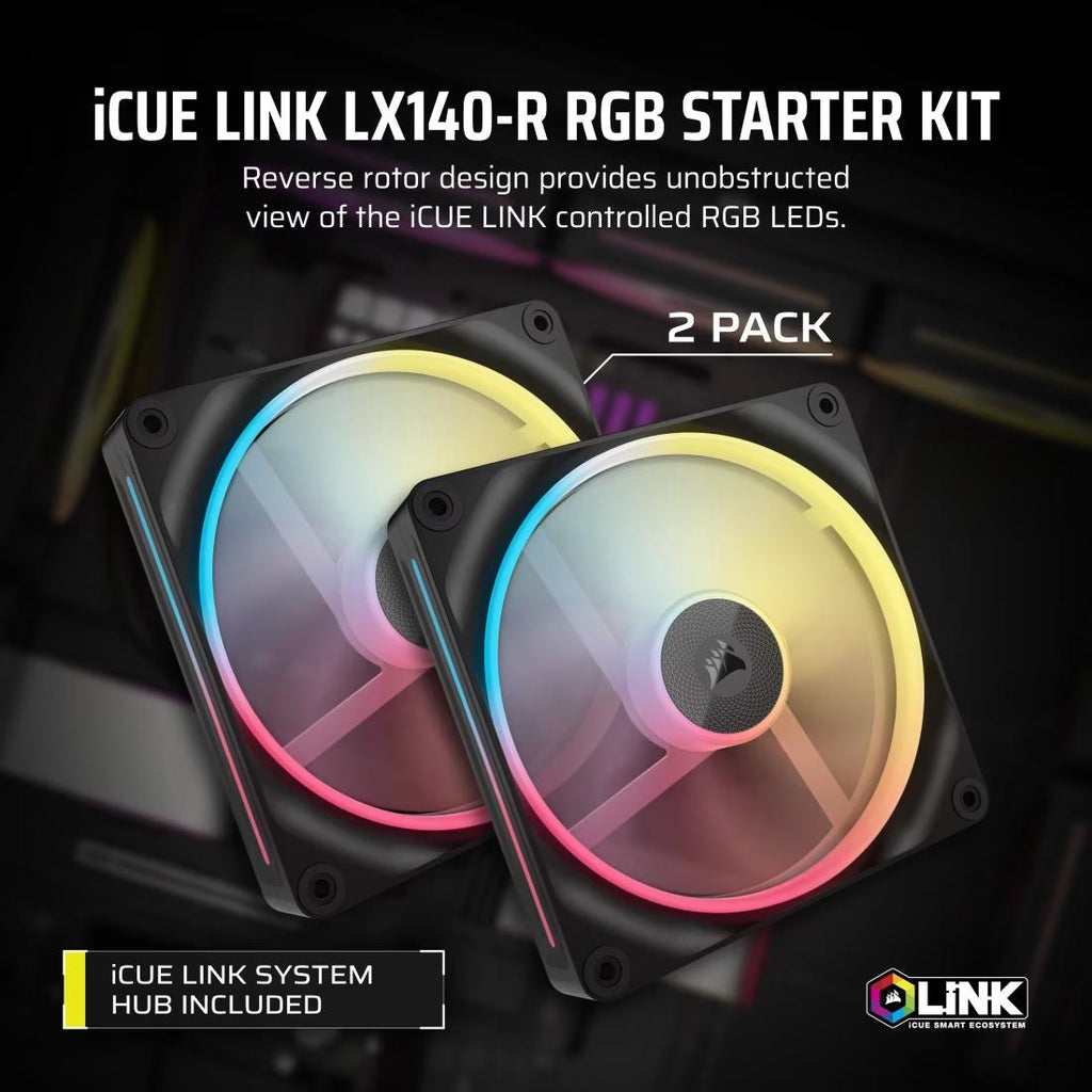 CORSAIR iCUE LINK LX140-R RGB Dual Pack 140mm PWM Reverse Fans Starter Kit