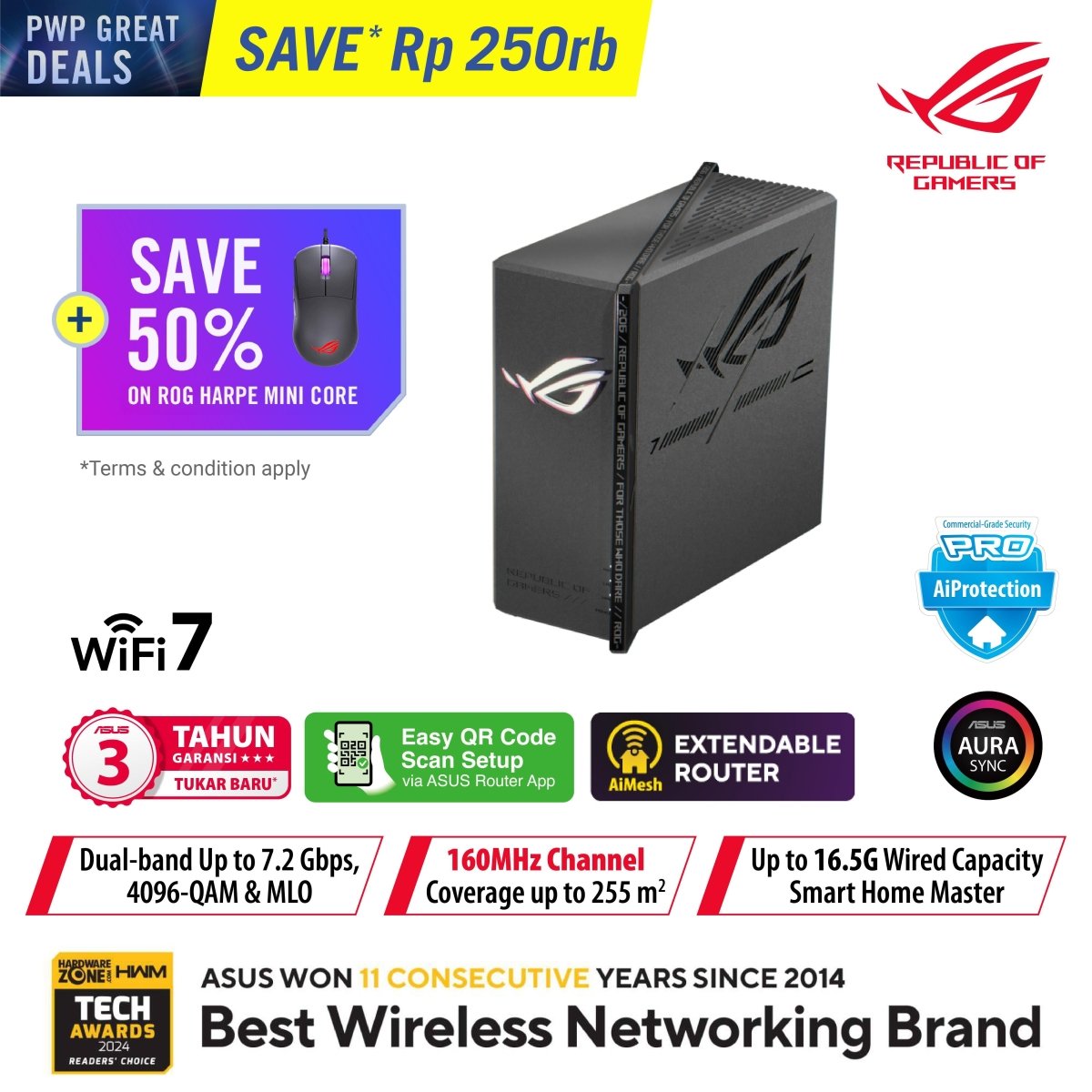 ASUS ROG PWP GREAT DEALS Bundle ROG Strix GS-BE7200X WiFi 7 Gaming Router + Harpe Mini Core Gaming Mouse-1-Nano Komputer