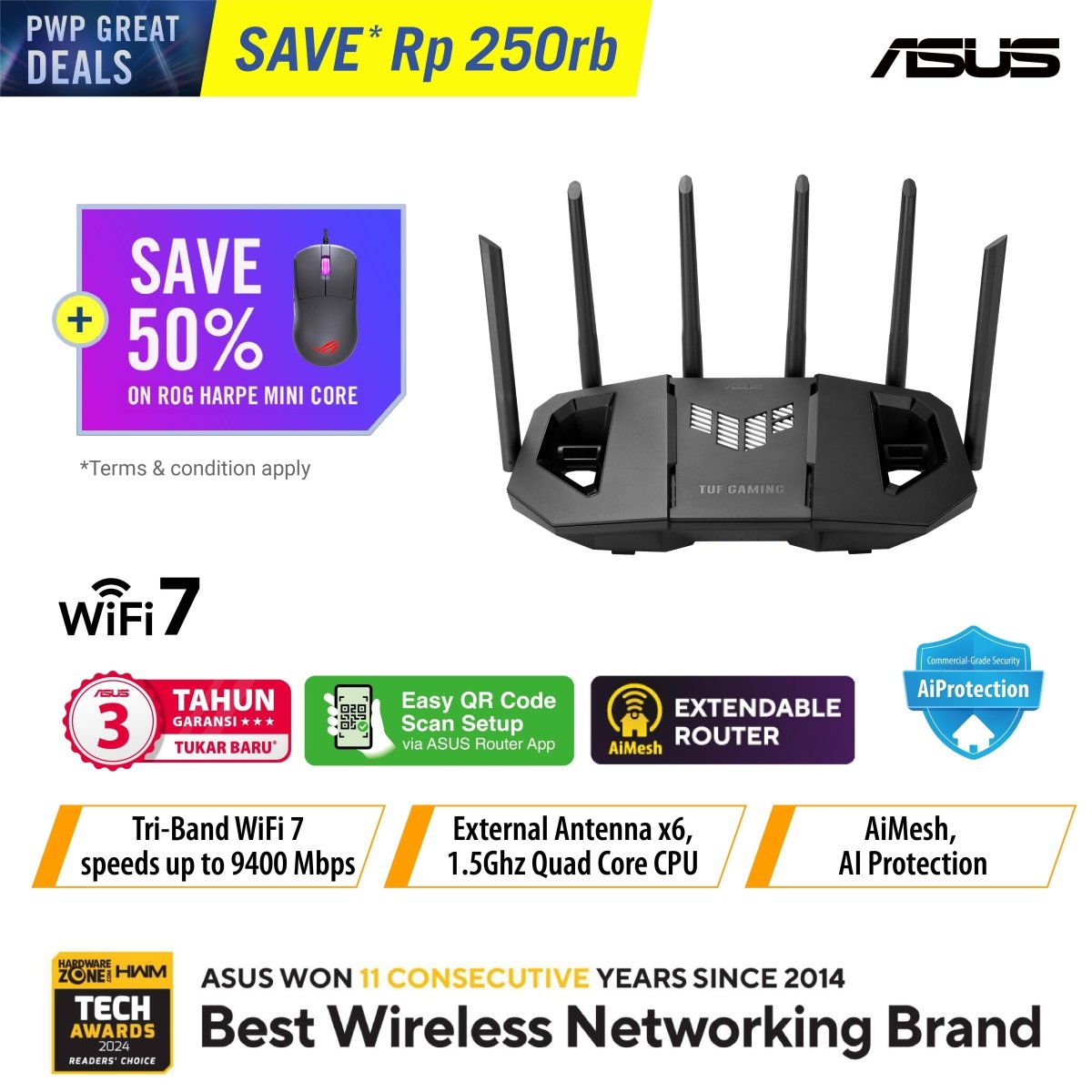 ASUS ROG PWP GREAT DEALS Bundle TUF Gaming BE9400 WiFi 7 Gaming Router + Harpe Mini Core Gaming Mouse-1-Nano Komputer