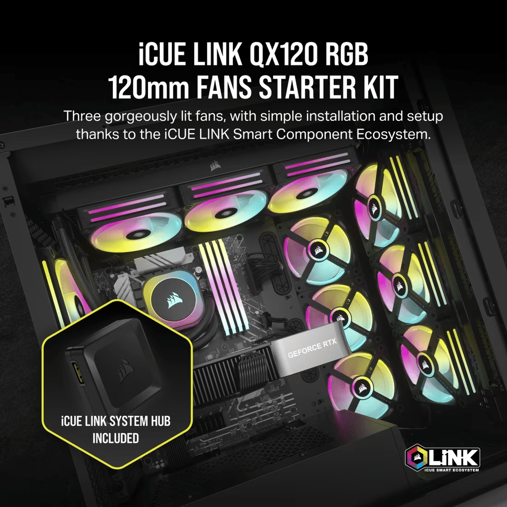 CORSAIR iCUE LINK QX120 RGB Triple Pack 120mm PWM PC Fans Starter Kit with iCUE LINK System Hub - 2 - Nano Komputer
