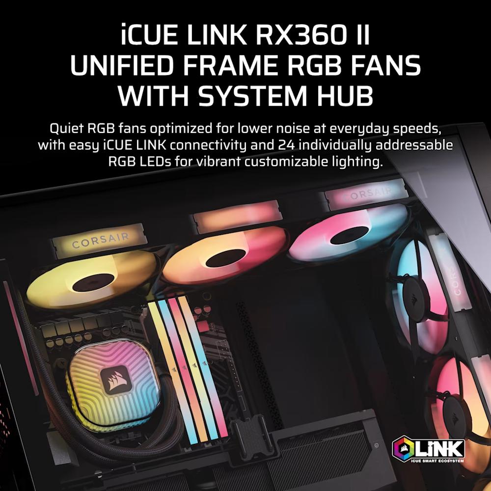 CORSAIR iCUE LINK RX360 II Unified Frame RGB PWM PC Fans Starter Kit with iCUE LINK System Hub-2-Nano Komputer