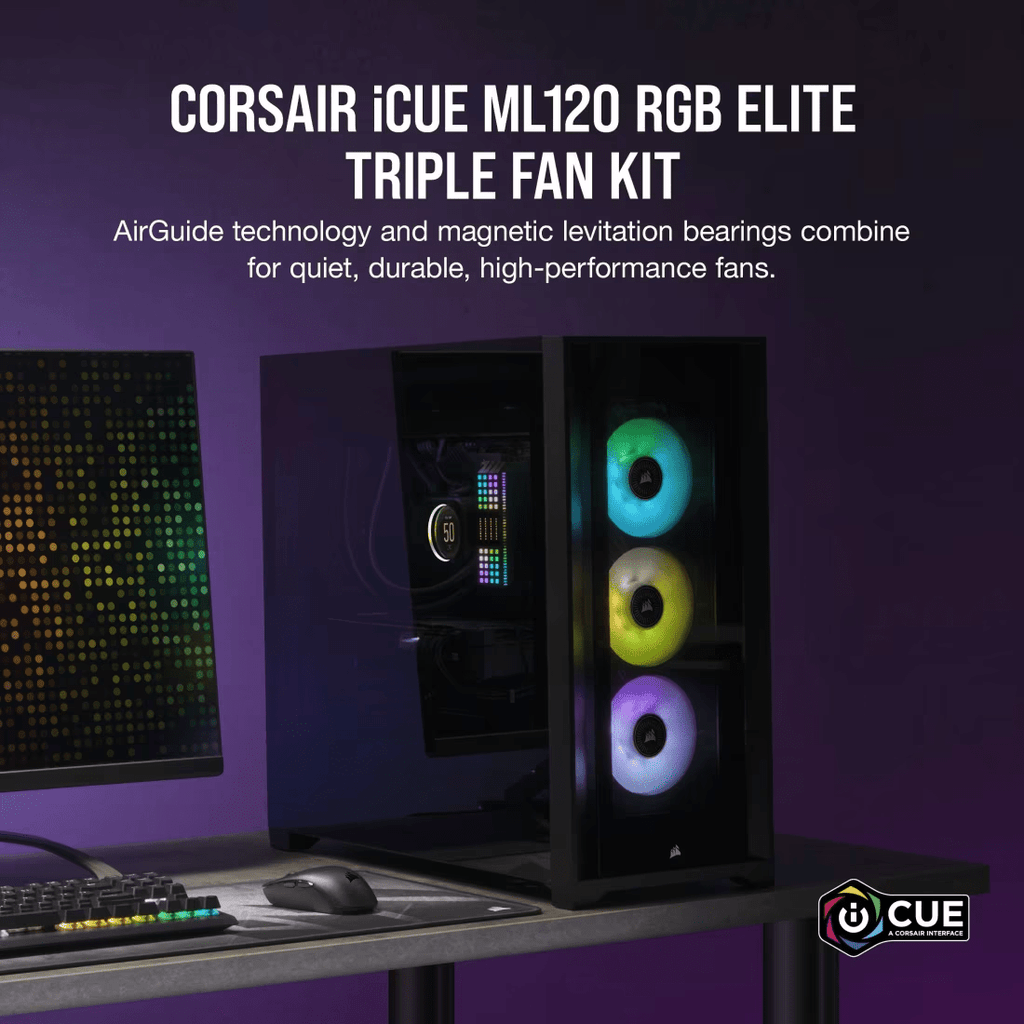 CORSAIR iCUE ML120 RGB ELITE Premium 120mm PWM Fan Triple Fan Kit with iCUE Lighting Node CORE-2-Nano Komputer