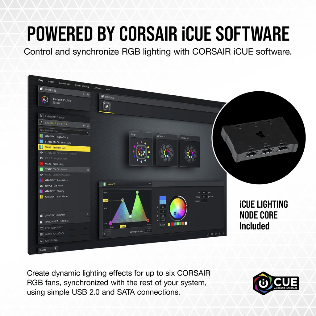 CORSAIR iCUE ML120 RGB ELITE Premium 120mm PWM Fan Triple Fan Kit with iCUE Lighting Node CORE-5-Nano Komputer