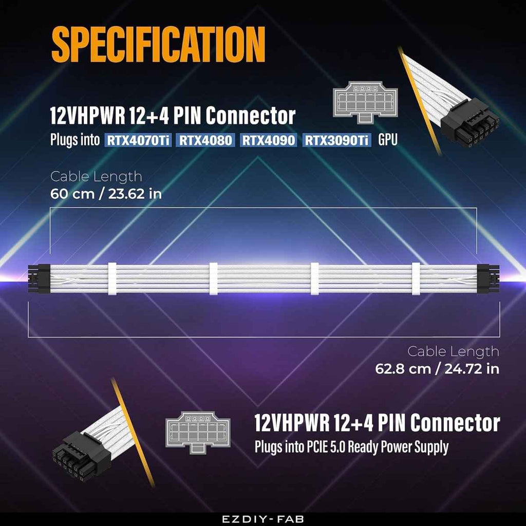 EZDIY-FAB 16AWG PCI-e 5.0 12VHPWR Male to Male PSU Sleeved Cable