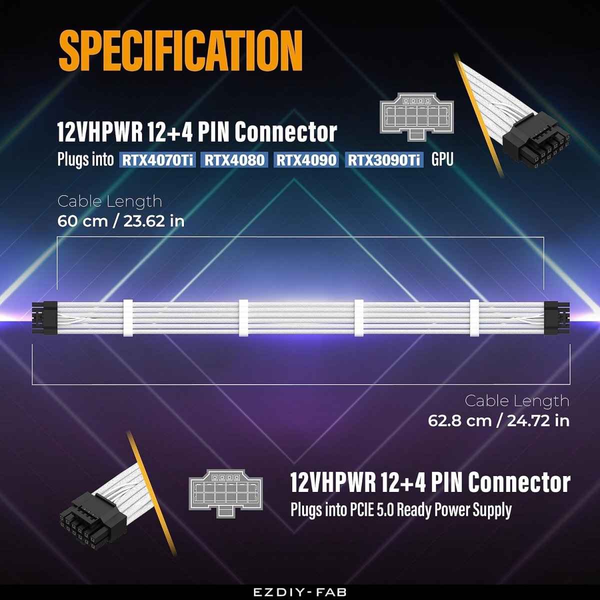 EZDIY-FAB 16AWG PCI-e 5.0 12VHPWR Male to Male PSU Sleeved Cable