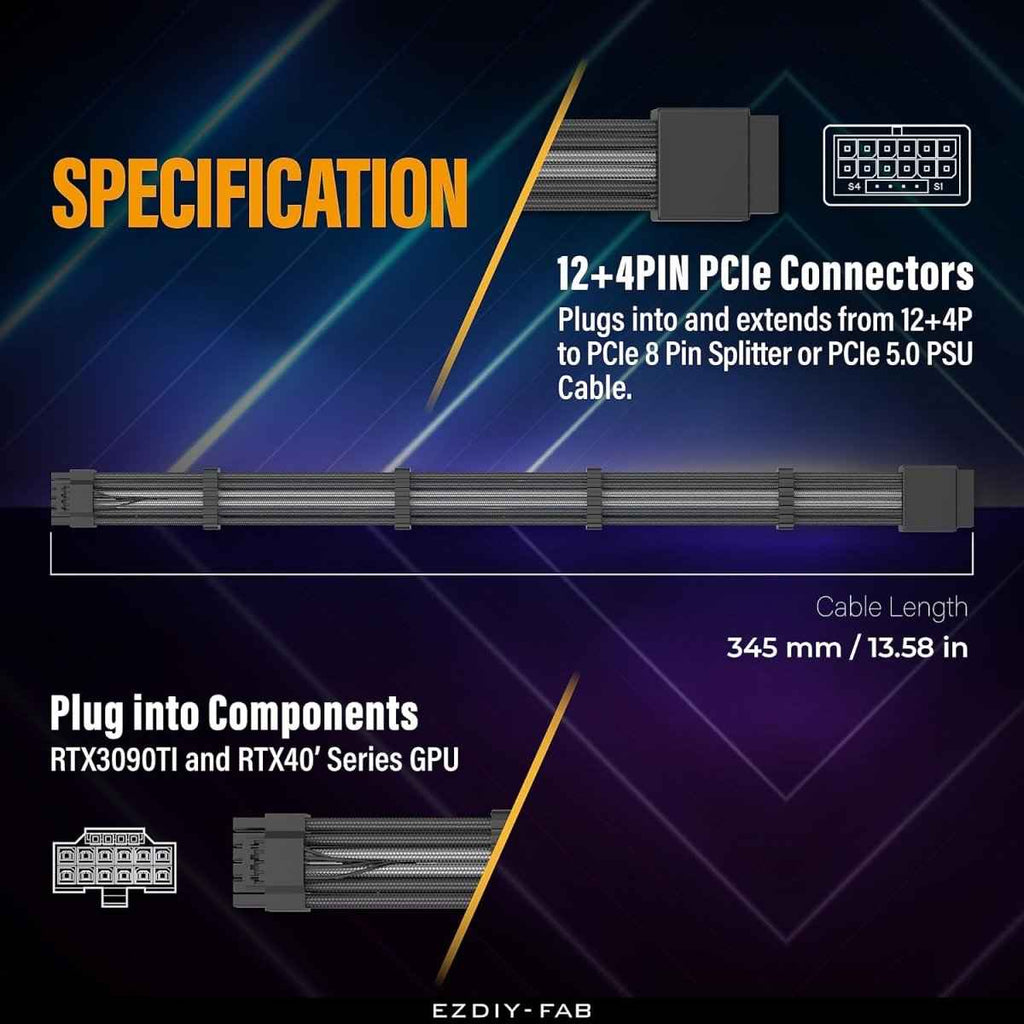 EZDIY-FAB 16AWG PCIe 5.0 12VHPWR Male to Female GPU Power Sleeved Cable