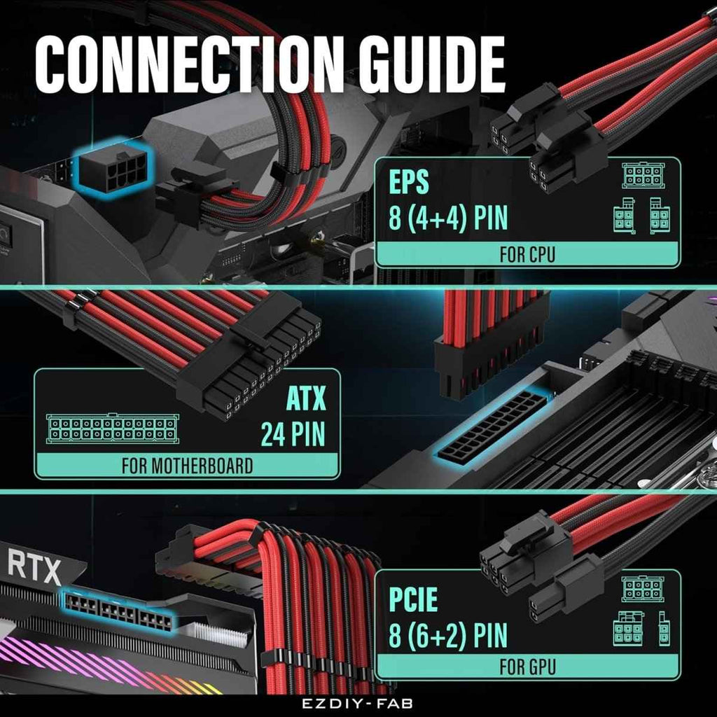 EZDIY-FAB 16AWG PSU Cable Extension 6 Cables V2