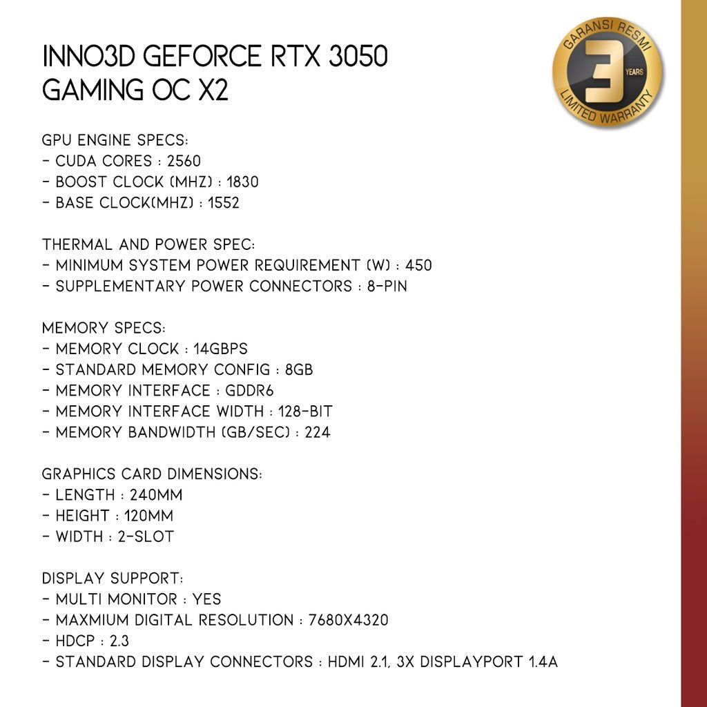 INNO3D GEFORCE RTX 3050 GAMING OC X2 8GB GDDR6 - 5 - Nano Komputer