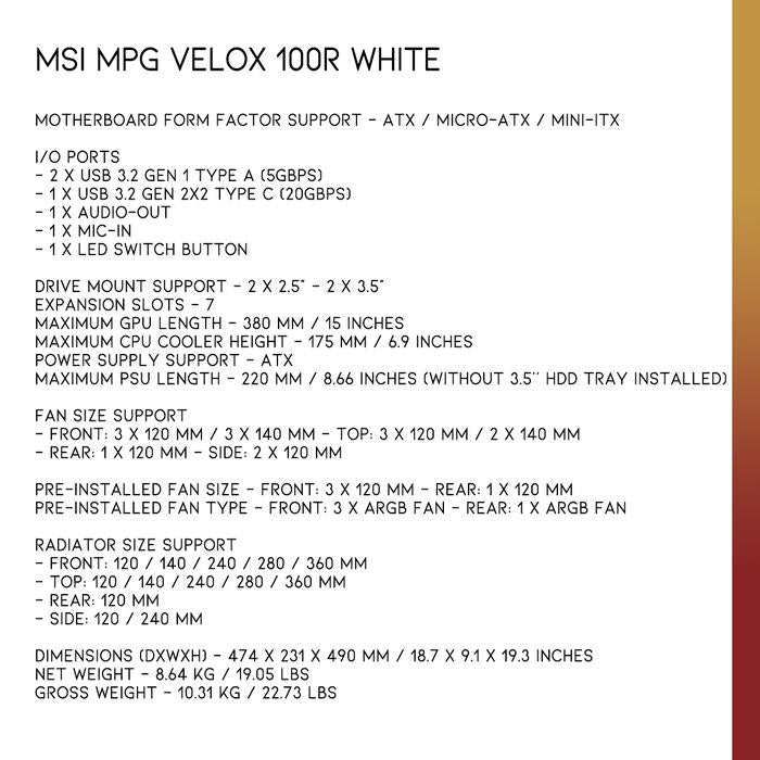 MSI MPG VELOX 100R WHITE | Mid Tower E - ATX Case - 5 - Nano Komputer