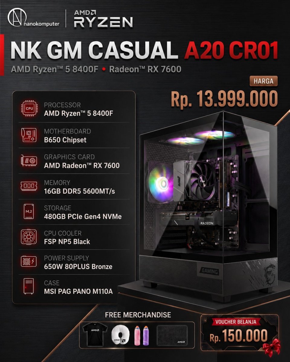 NK GM Casual A20 CR01 PC Gaming : AMD Ryzen 5 8400F, Radeon RX 7600,16GB,480GB-1-Nano Komputer