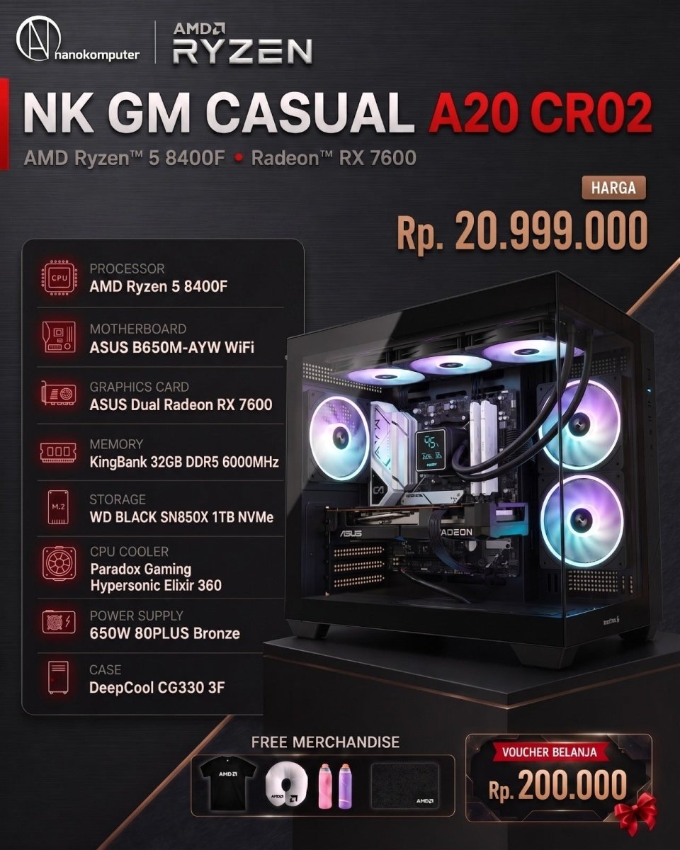 NK GM Casual A20 CR02 PC Gaming : AMD Ryzen 5 8400F, Radeon RX 7600, 32GB, 1TB-1-Nano Komputer