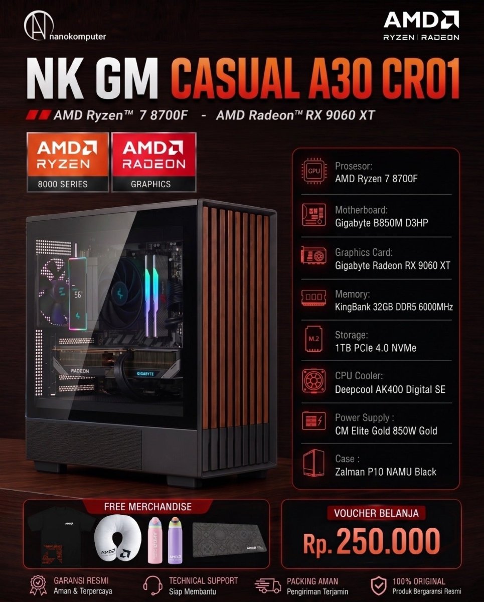 NK GM Casual A30 CR01 PC Gaming : AMD Ryzen 7 8700F, Radeon RX 9060 XT, 32GB, 1TB-1-Nano Komputer