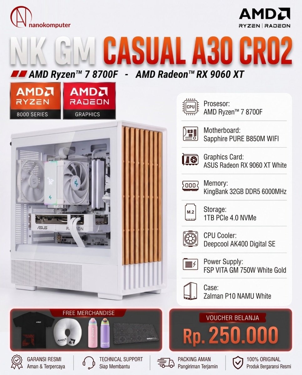 NK GM Casual A30 CR02 PC Gaming : AMD Ryzen 7 8700F, Radeon RX 9060 XT, 32GB, 1TB-1-Nano Komputer